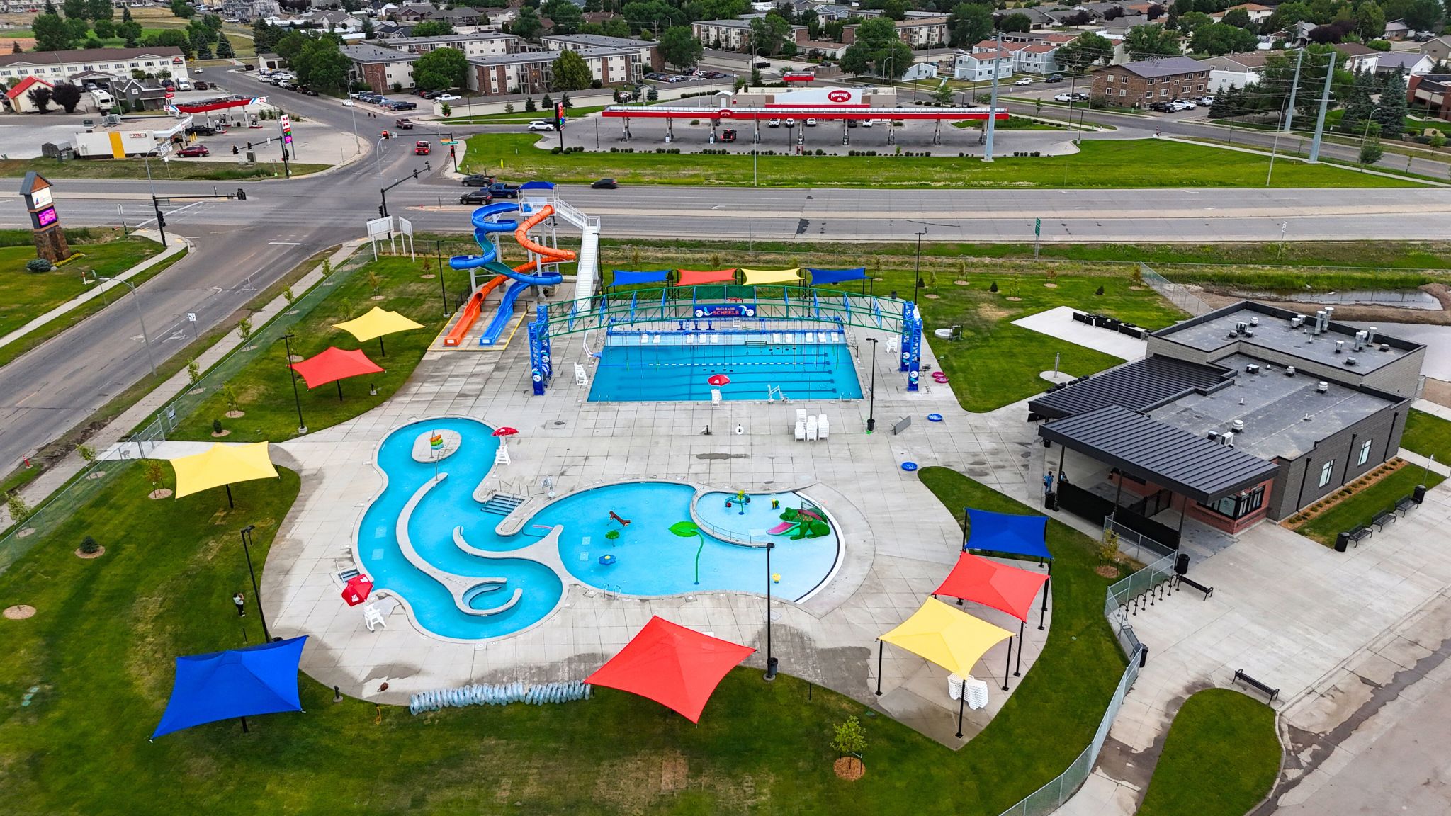 Drone image of Williston Water World water park. View from east.